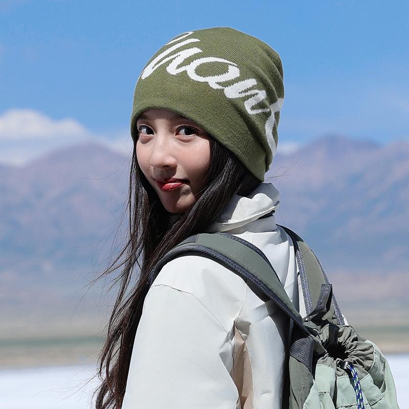 American Letter Jacquard Knitted Hat for Women in Autumn and Winter Warm and Ear Protecting Woolen Hat Versatile Face Showing Small Baotou Cold Hat