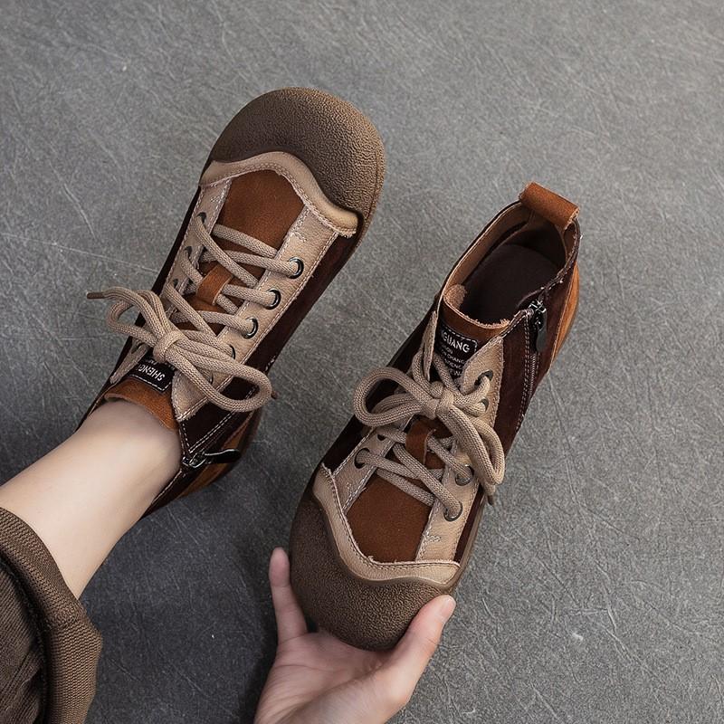 Johnature Mixed Color Genuine Leather Lightweight Comfortable Ankle Boots Retro Versatile Warm Women's Shoes
