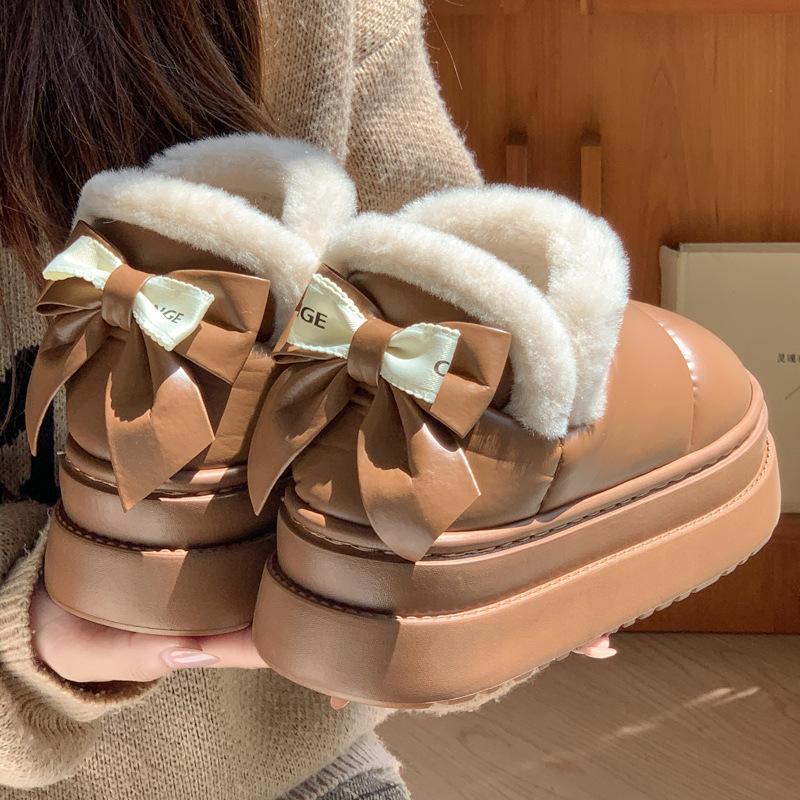 New fashionable thick-soled heightening bow cotton shoes winter velvet warm soft-soled shoes hairy snow shoes