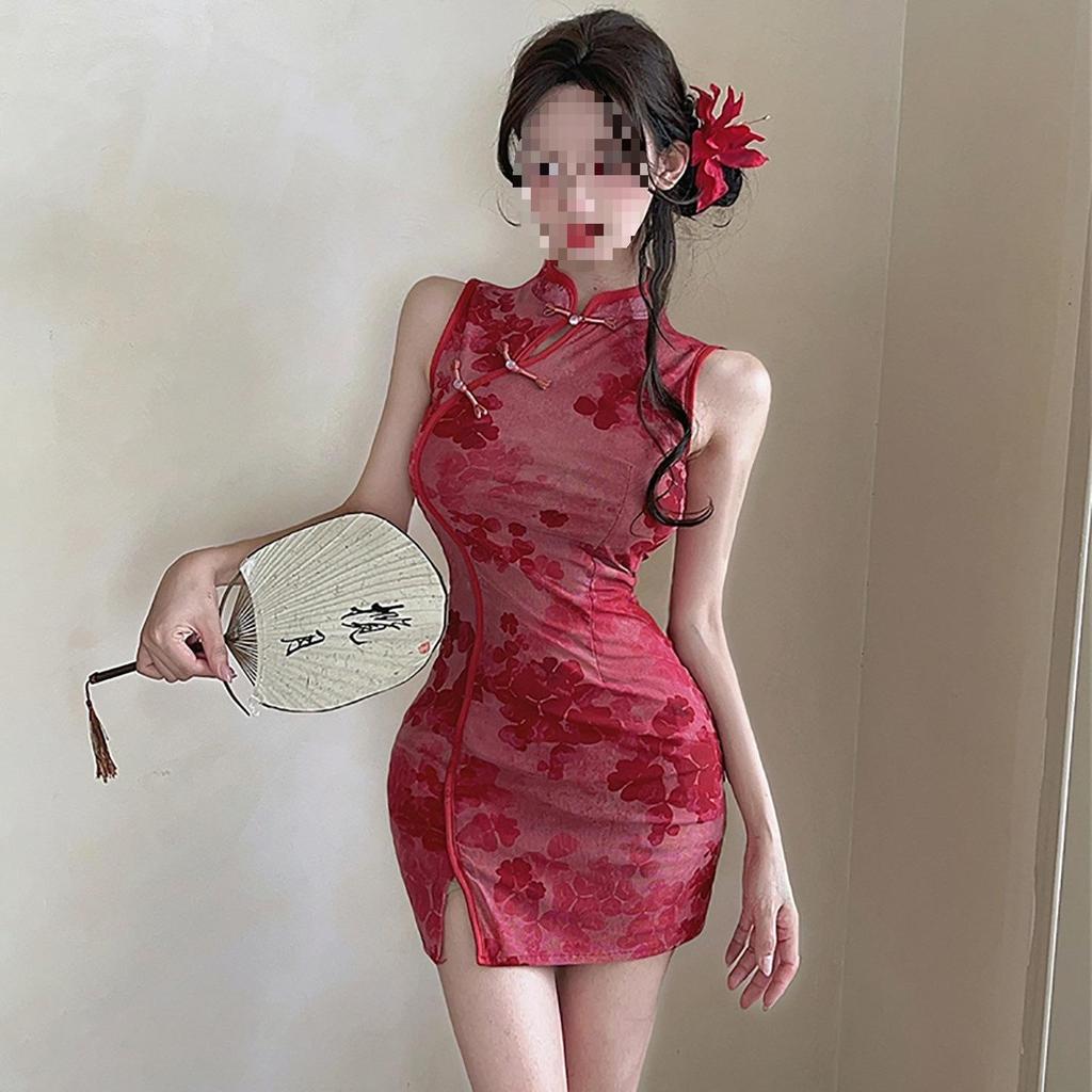 Floral Print Cheongsam Dress with Frog Button & Stand Collar - Slimming Summer Bodycon Skirt for Women