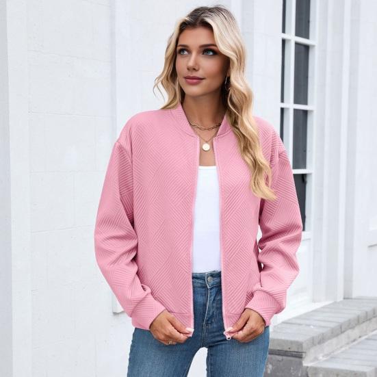 Women Coat Stand Collar Long Sleeve Zipper Closure Baseball Jacket with