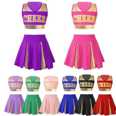 Kız Çocuk 2'li Parça Cheerleading Kostümü Kolsuz Crop Top ve Bıçak Pileli Mini Etek Seti Üniforma Kıyafeti