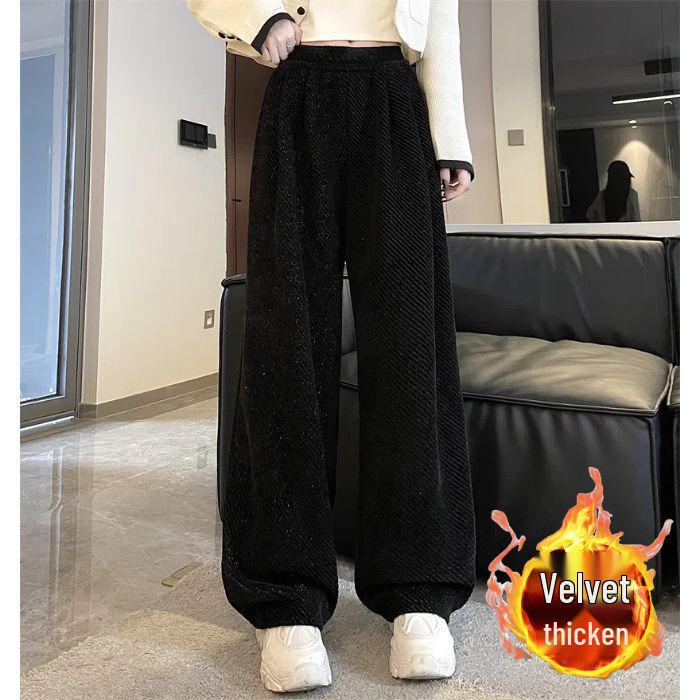Women's 2024 Autumn/Winter Fleece-Lined Wide-Leg Striped Pants