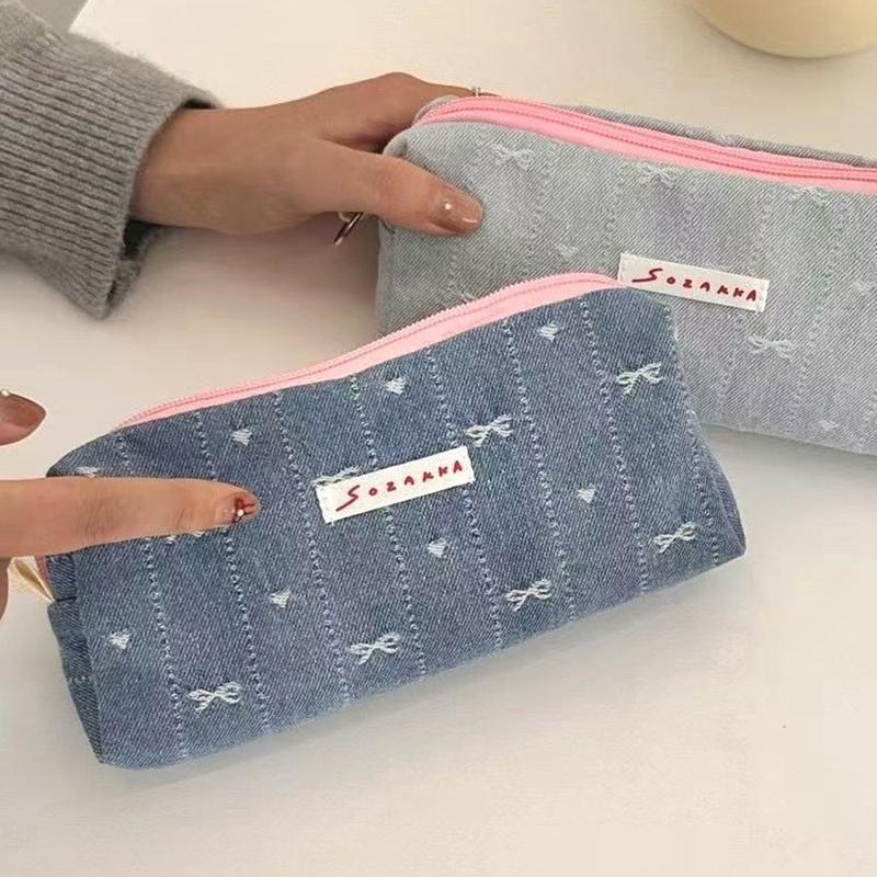 Ins Style Denim Pencil Case Cute Multi Functional Large Capacity Stationery Organizer Storage Bag Student Pen Bag Makeup Bag