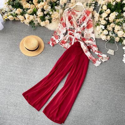 Chiffong blommig toppset Casual V-hals bandage blus dam lösa byxor med vida ben Kostymer sommar 2 delar set