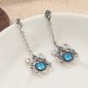 Ethnic Round Inlaid with Blue Stones Earrings Vintage Silver Color Metal Carving Pattern Dangle Earrings for Women Jewelry