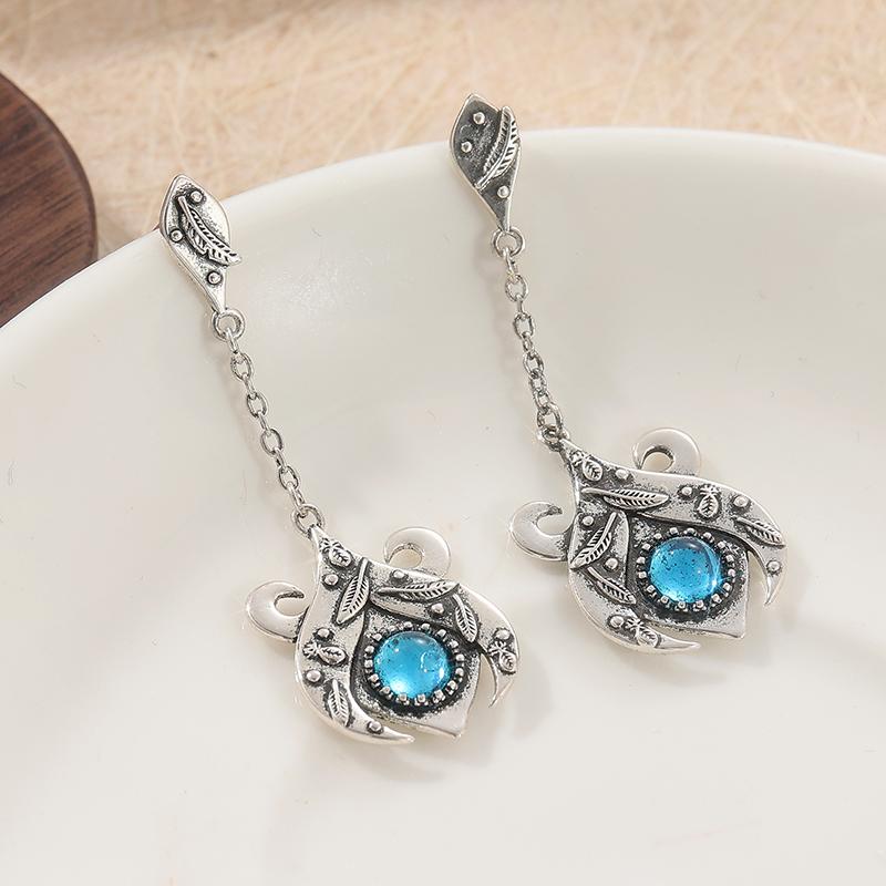 Ethnic Round Inlaid with Blue Stones Earrings Vintage Silver Color Metal Carving Pattern Dangle Earrings for Women Jewelry