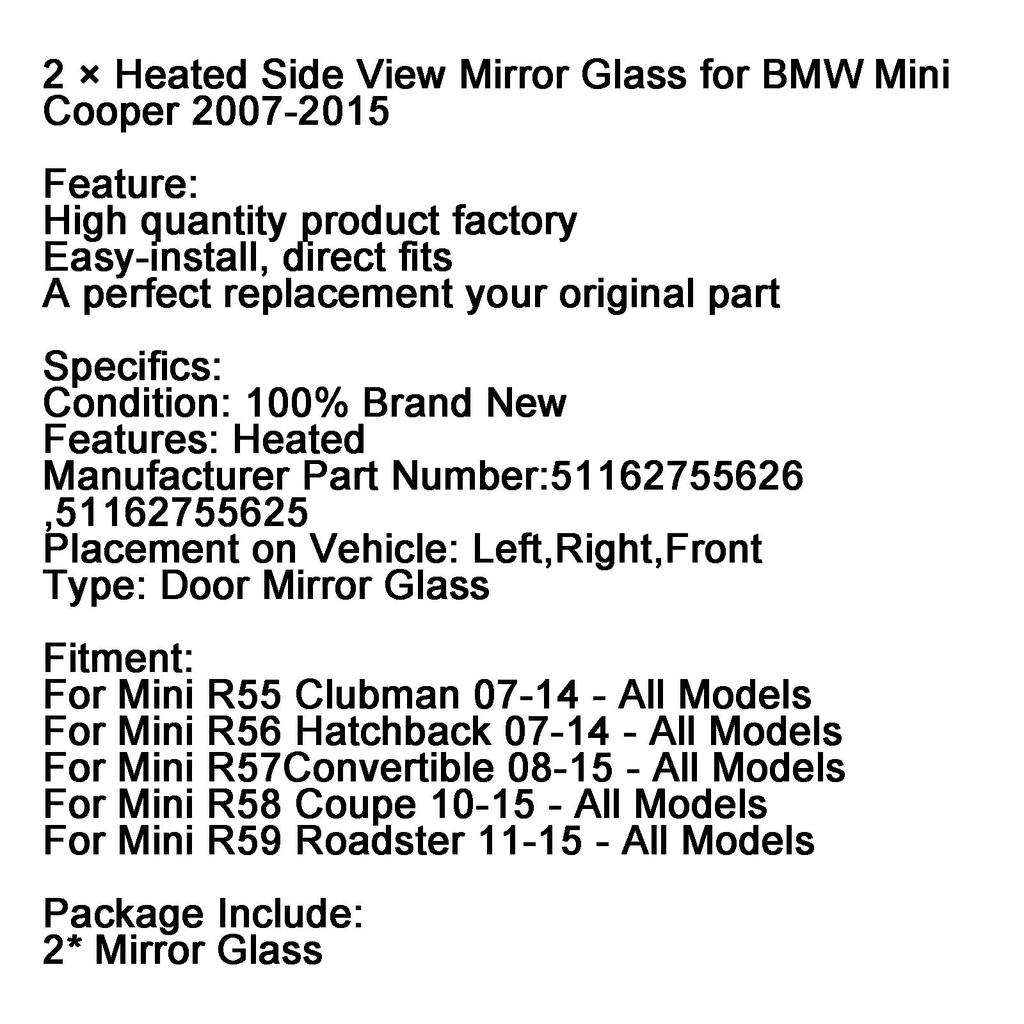 2 × Podgrzewane szkło lusterka bocznego dla BMW Mini Cooper 2007-2015