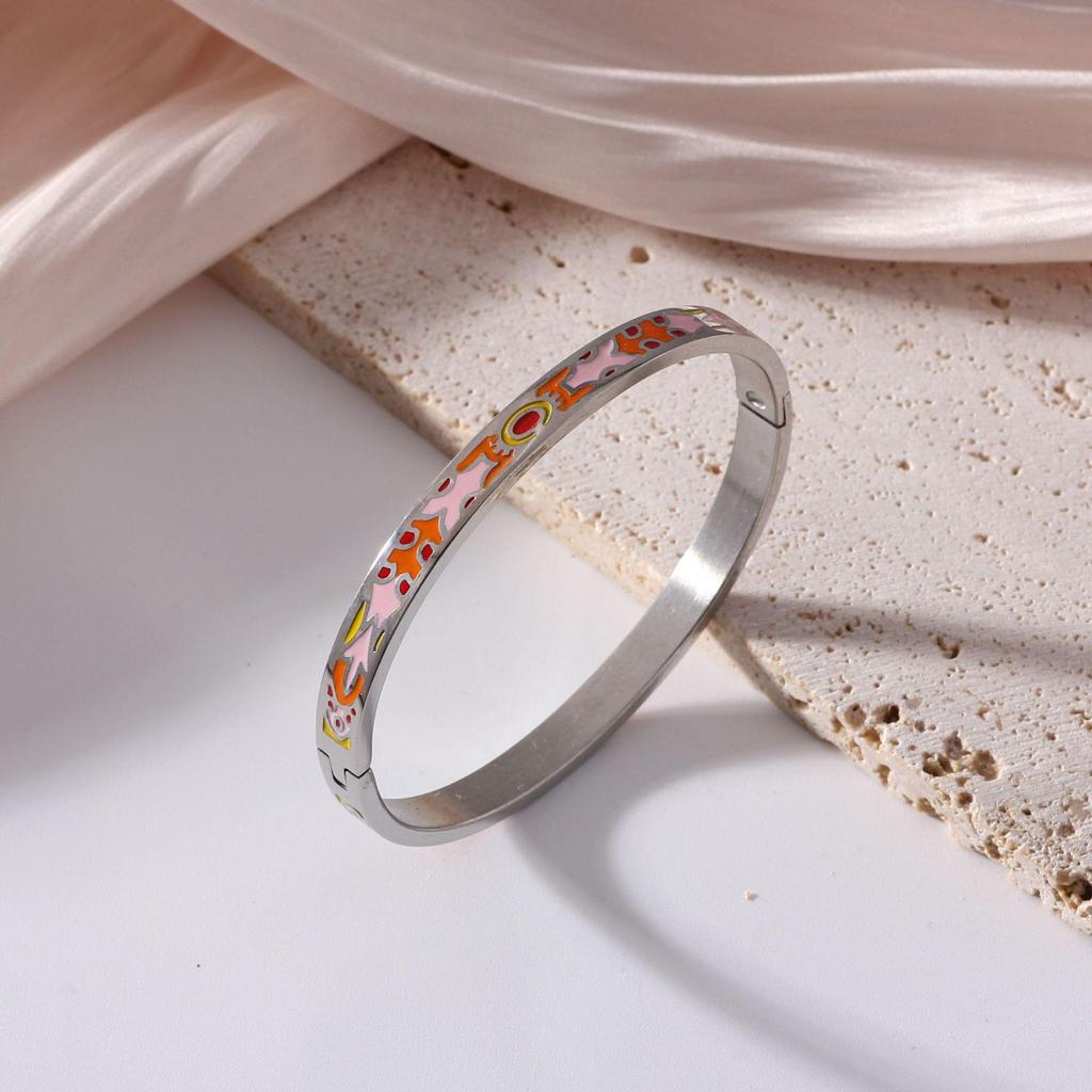 18K Electroplated Women's Retro Enamel Drip Oil Titanium Steel Bracelet, 6mm