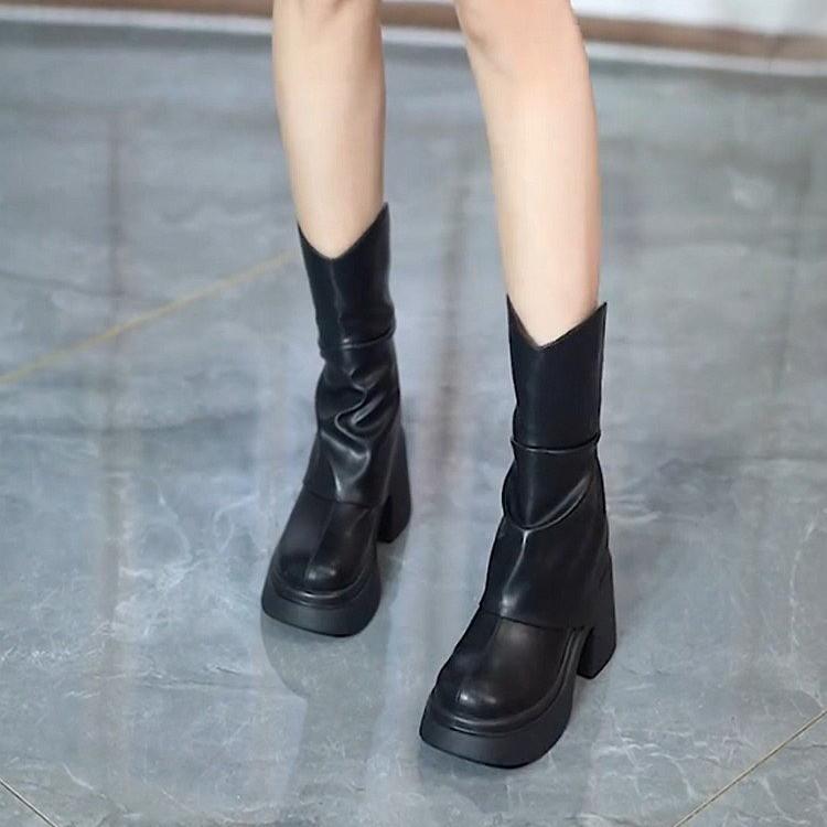 European and American great-looking thick-soled heightened medium tube Martin boots 2025 autumn and winter piled huge comfortable thick high-he