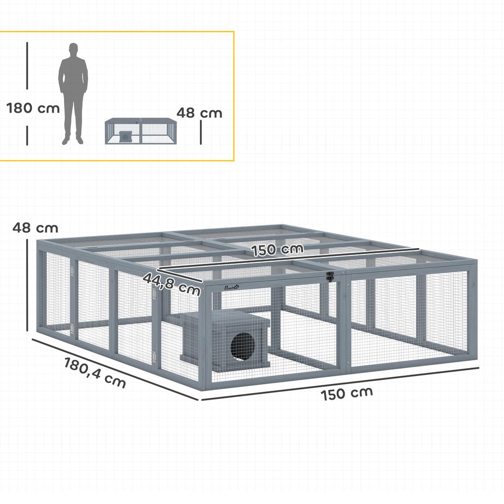 Wooden Rabbit Hutch with 2 Doors, Shelter for 2-4 Dwarf Rabbits, 180.4 X 150 X 48 Cm, Grey