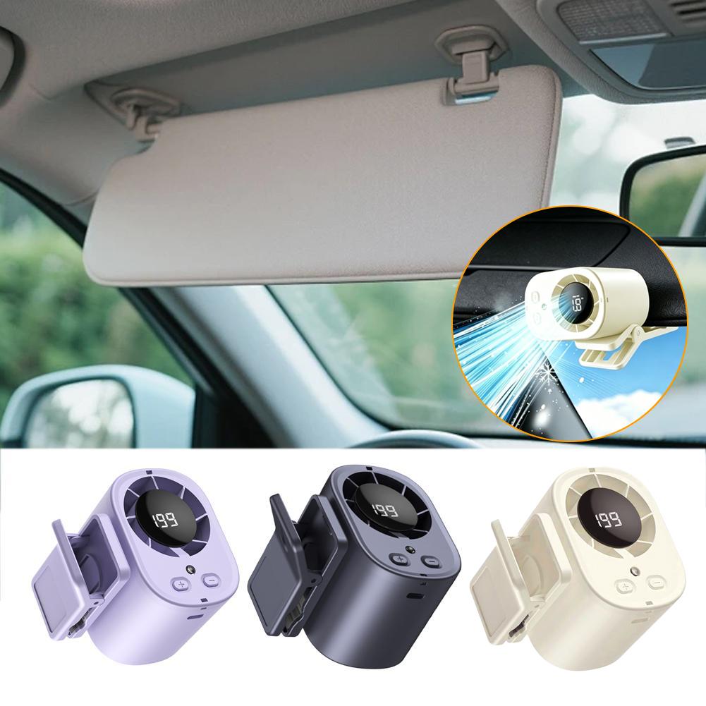 Clip-On Car Cooling Fan with Temperature Display, USB Rechargeable Portable Fan for Sun Visor, 3-Speed Adjustable, Low Noise