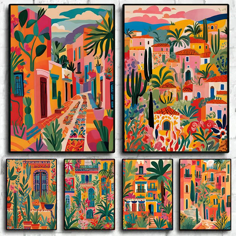 Vibrant Mexican Building Poster Colorful Floral Botanical Landscape Canvas Prints Painting Wall Art for Home Room Decor