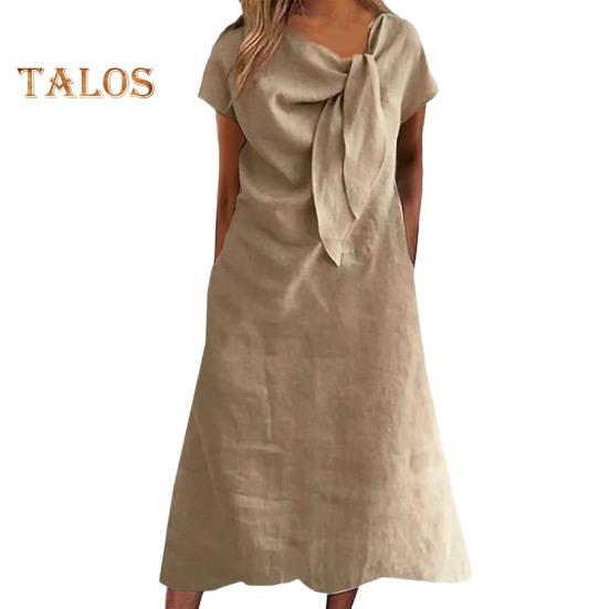 

Женское платье миди с декорированным воротником и бретельками, платье с коротким рукавом, однотонное свободное летнее повседневное платье L хаки