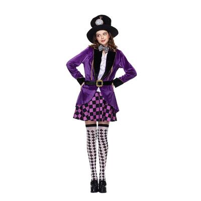 EraSpooky Adult Women Hatter Costume Mad Tea Party Purple Halloween Fancy Dress 6 Pc Set with Accessories