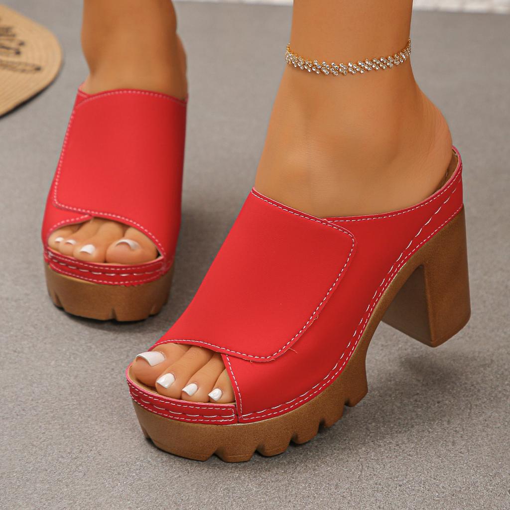 Plus Size Women Summer One Strap Thick Platform Chunky Heel Fish Mouth Slide Sandals Open Toe Height Increasing Beach Outdoor Shoes