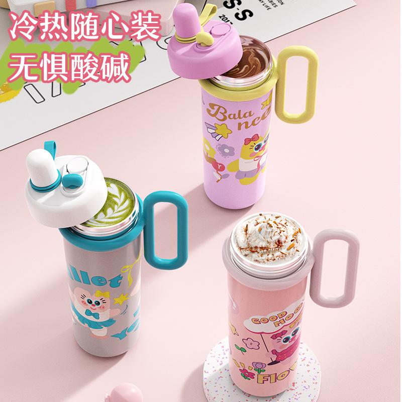 New Cute Multi-capacity Water Cup Double Drink Belt Handle Straw Cup Cartoon Creative Thermos Cup 111 Stainless Steel