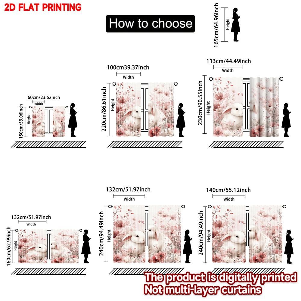 Set Of 2 Bunny Flowers Curtains Digital Print Cute White Rabbit Pink Blossoms Design Cozy Bedroom Living Room Decor Curtain Polyester Perfect For
