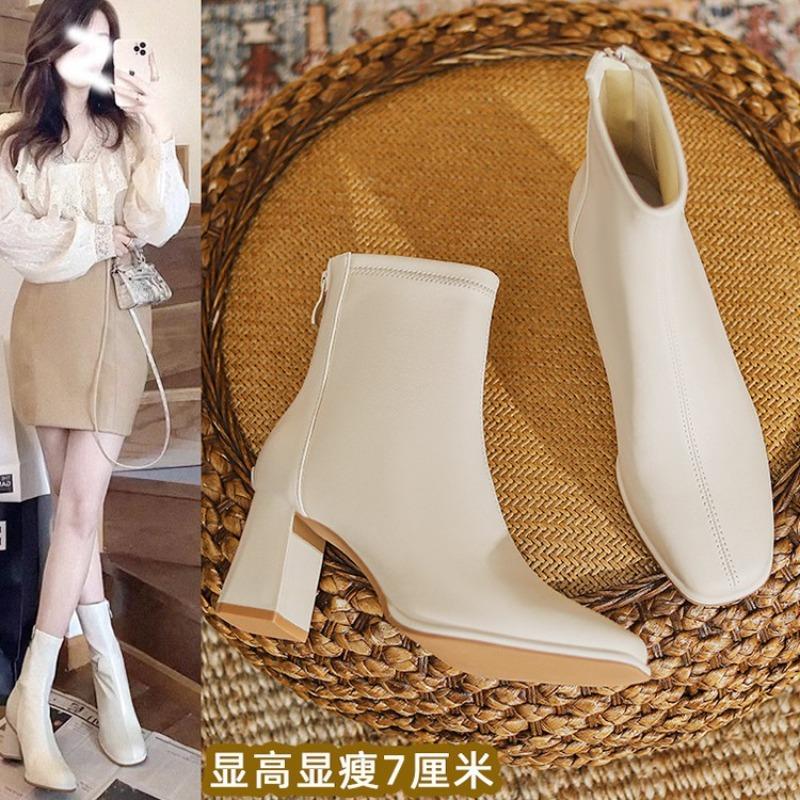 Leather thick heel high heel boots women's autumn and winter velvet new thin boots with skirt white short boots