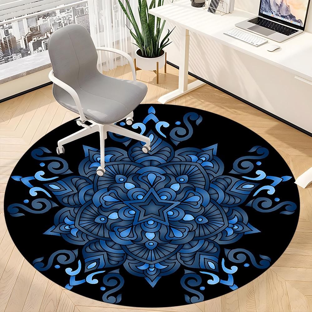 1PC Blue Mandala Pattern Office Round Rug, Non slip, Soft and Durable Office Rug for Interior Decoration, Perfect for Office