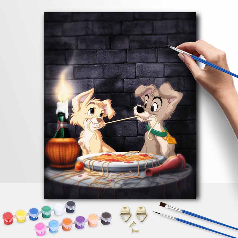 Disney Lady and the Tramp Oil Art Painting Kit Home Wall Decor Handmade Gift Romantic Spaghetti Scene Lovers Art Craft Wall Decoration 20x30cm