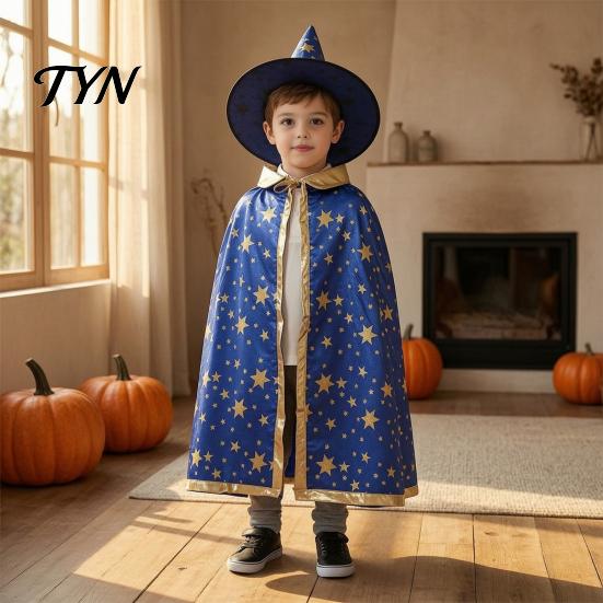 Dreamy Gold Edge Witch Costume Kids Wizard Cloak with Hat for Boys Girls, Halloween Kindergarten Activities Cape Prop Party Cosplay