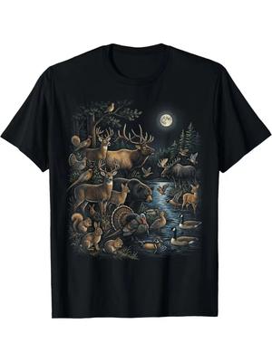 Nature Shirt Forest Animals Graphic Tee 90s Art Outdoorsy Men Black T-Shirt