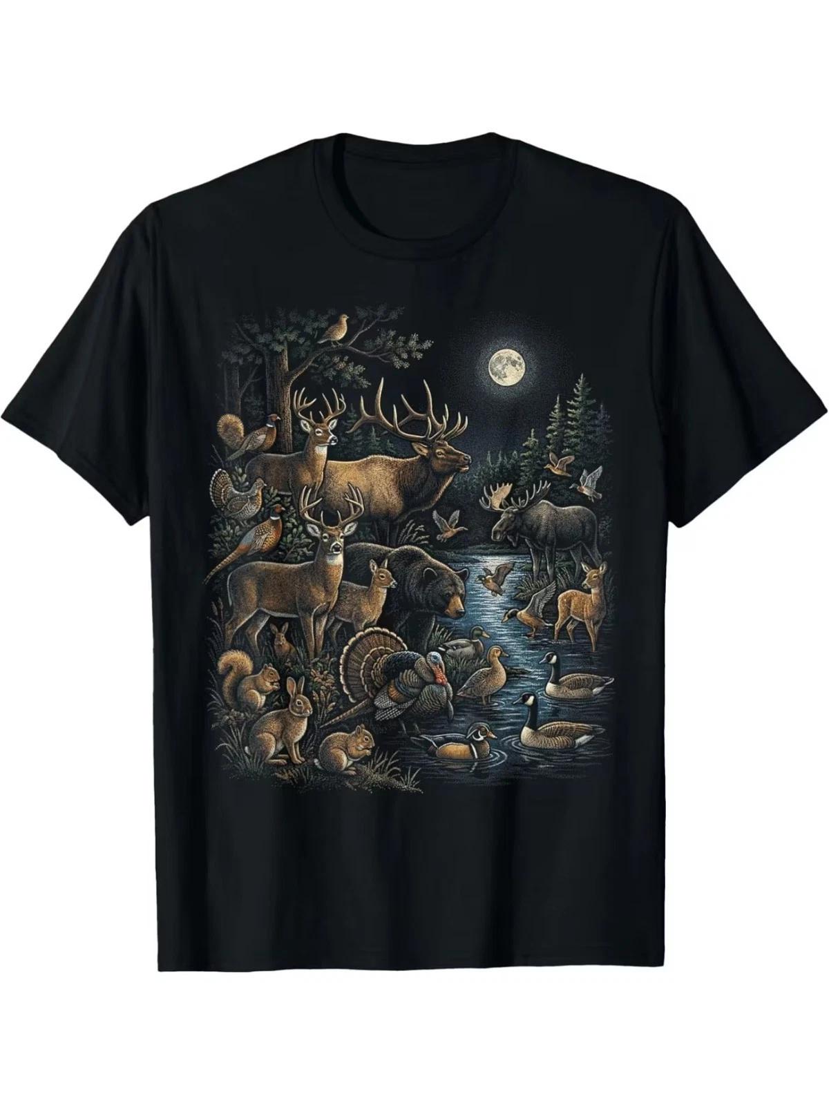 Nature Shirt Forest Animals Graphic Tee 90s Art Outdoorsy Men Black T-Shirt L