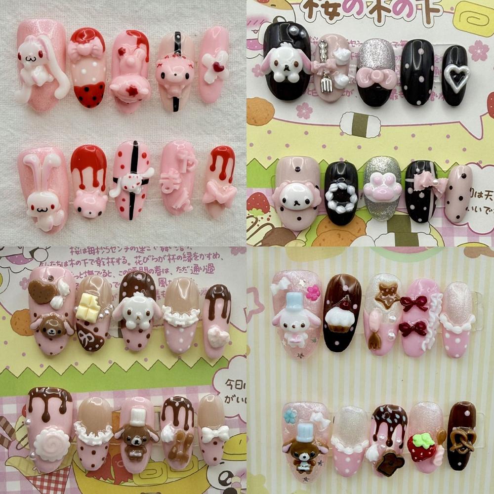 10Pcs Kawaii 3D Cartoon Rabbit Bear Handmade Almond Press On Nails With Dessert Chocolate Cream Cake Bowknot Pearl Stars