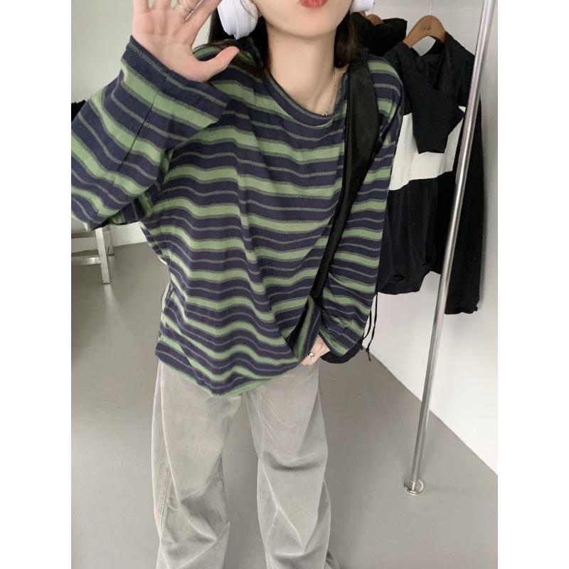 Crew Neck Striped Long Sleeve Shirt Women's Autumn New Design Loose Slimming Casual Student Slit Top