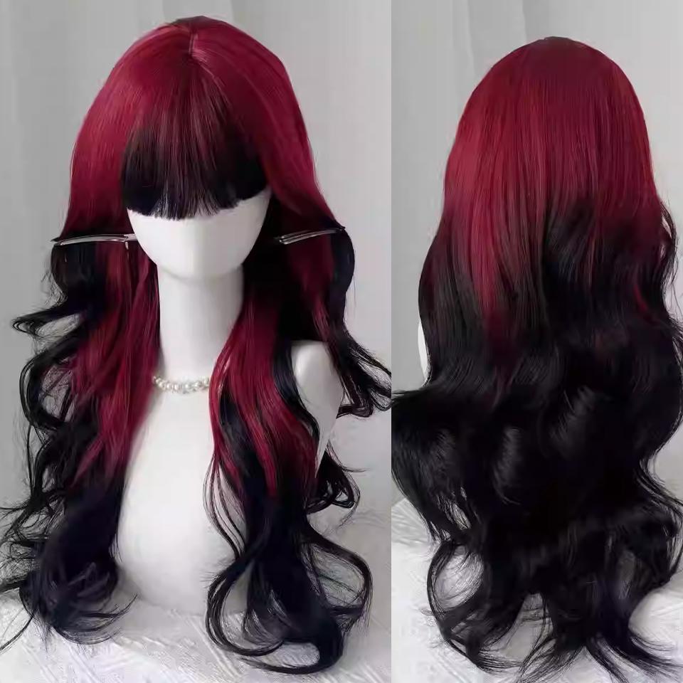 Synthetic Red Ombre Black Color Lolita Long Straight Wigs With Bangs Daily Party Cosplay Wig For Women