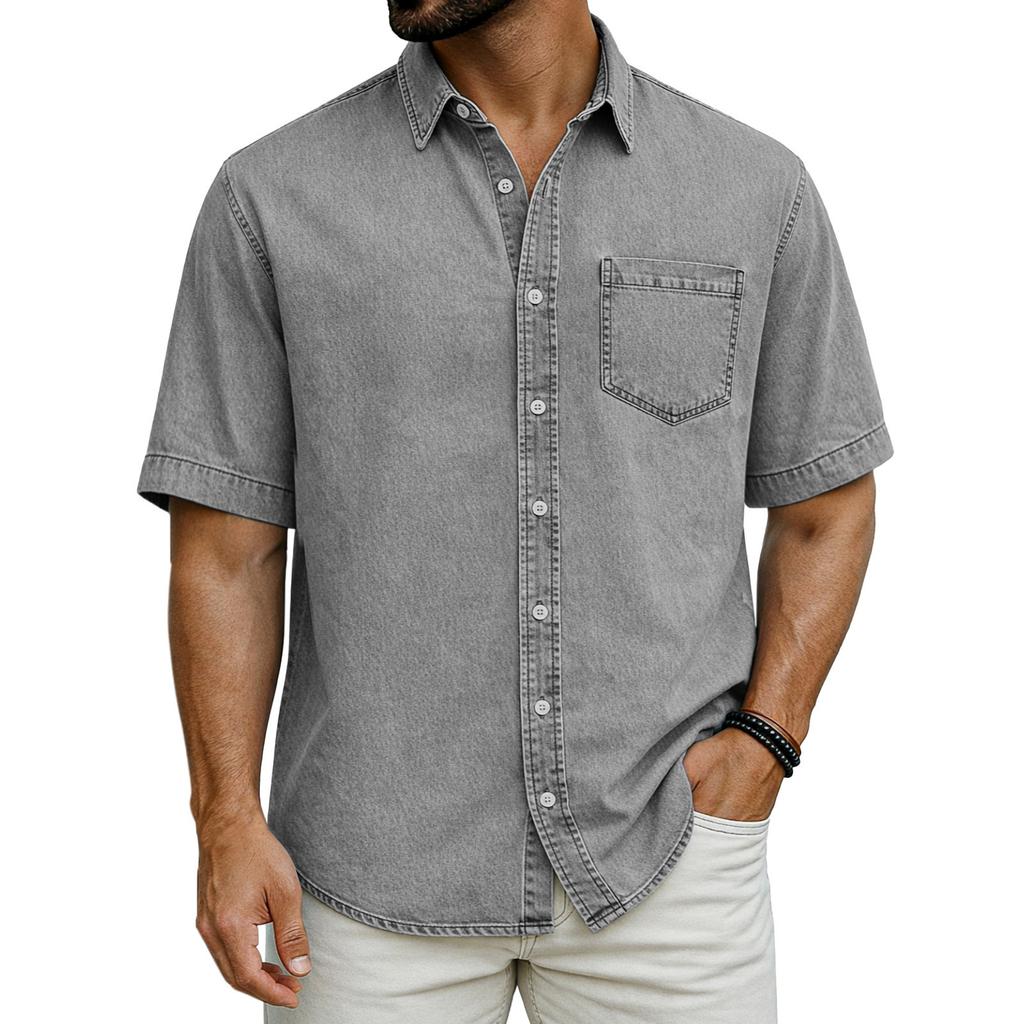Men's Denim Shirt - Short Sleeve, Button Up, Relaxed Fit, Casual Color