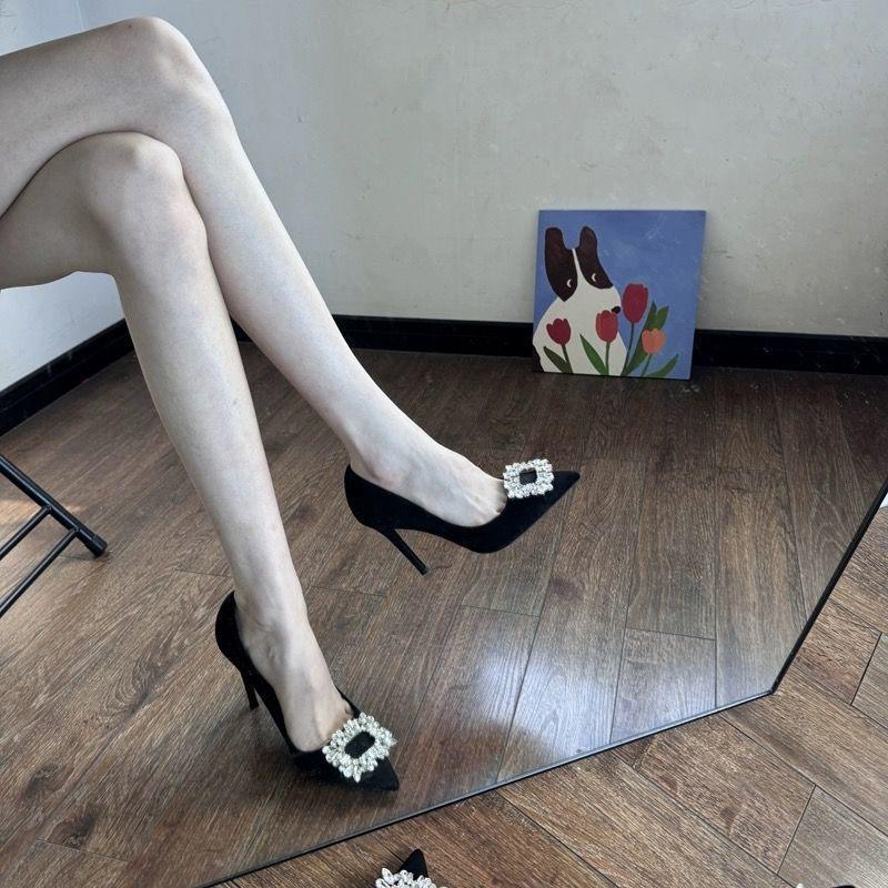 Black 2025 Rhinestone Square Buckle High Heels New French Versatile Suede Shallow Mouth Pointed Temperament Women's Shoes Single Shoes Women