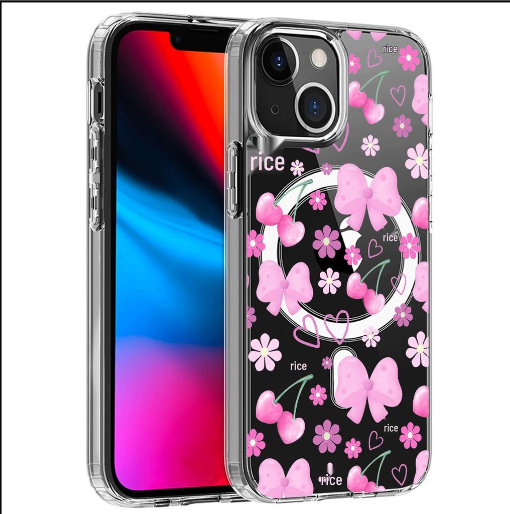 Pink Floral Magnetic Phone Case for iPhone 15/16/17 Pro Max - Transparent Full Coverage.