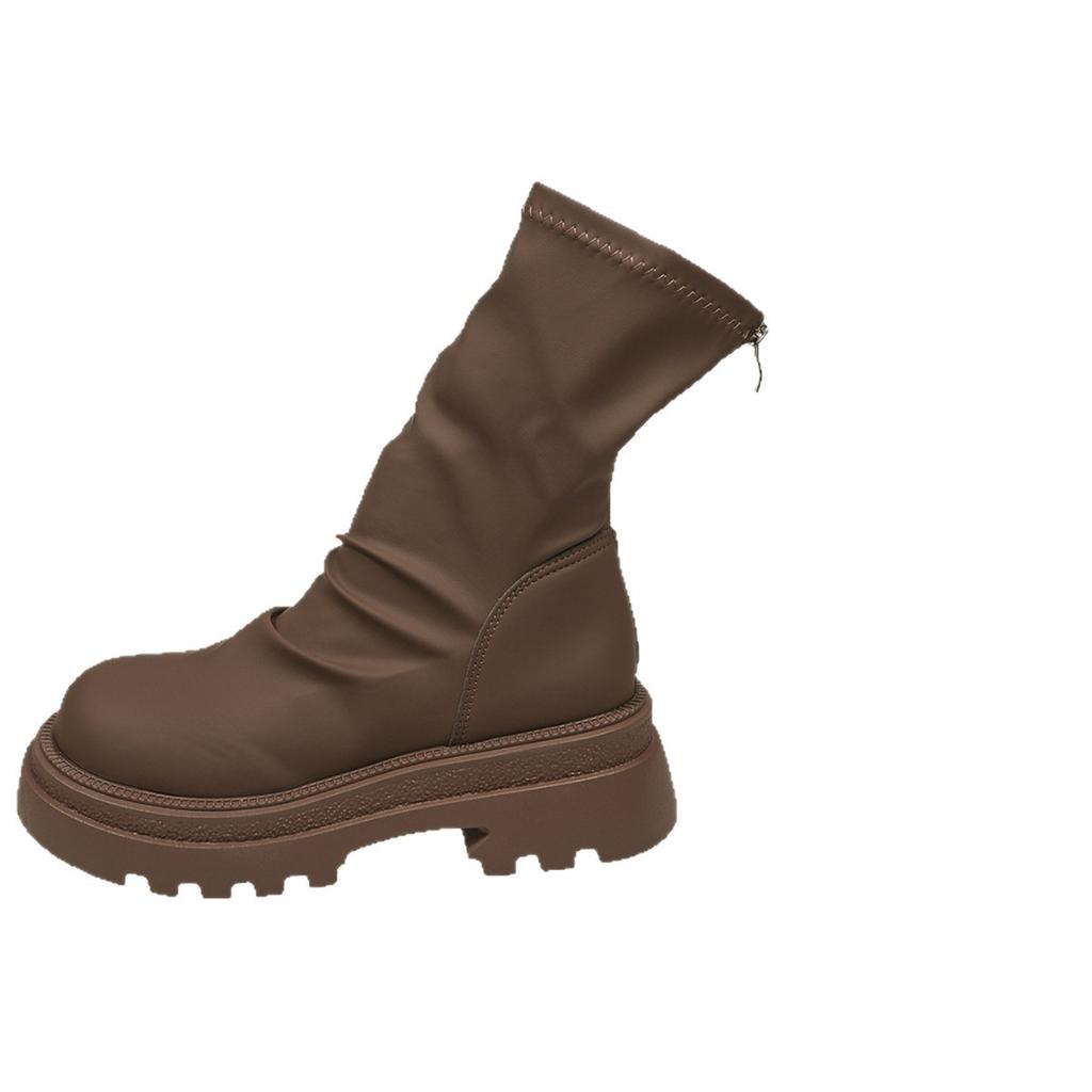 Thick-soled Martin Boots Women's 2025 New Elastic Thin Boots Versatile Thin Pleated Stacking Boots Cigarette Tube Women's Boots