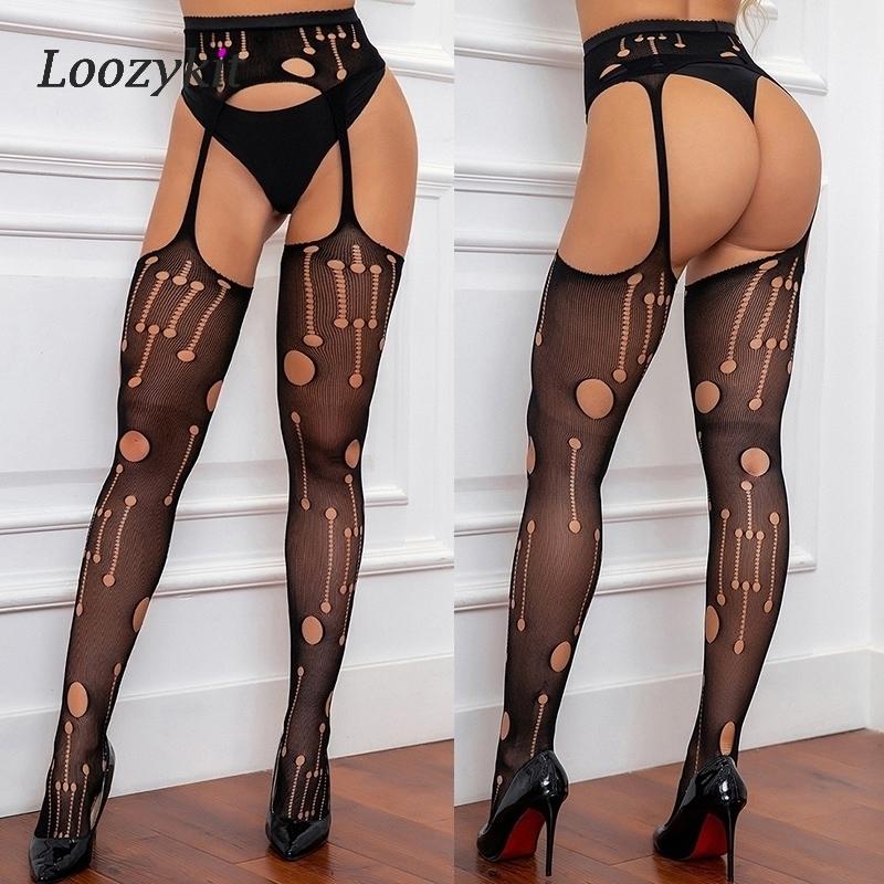 13styles Sexy Black Women Stockings With Belt Set High Fish Net Tights Erotic Lingerie Pantyhose Floral Long Mesh Lace Stocking