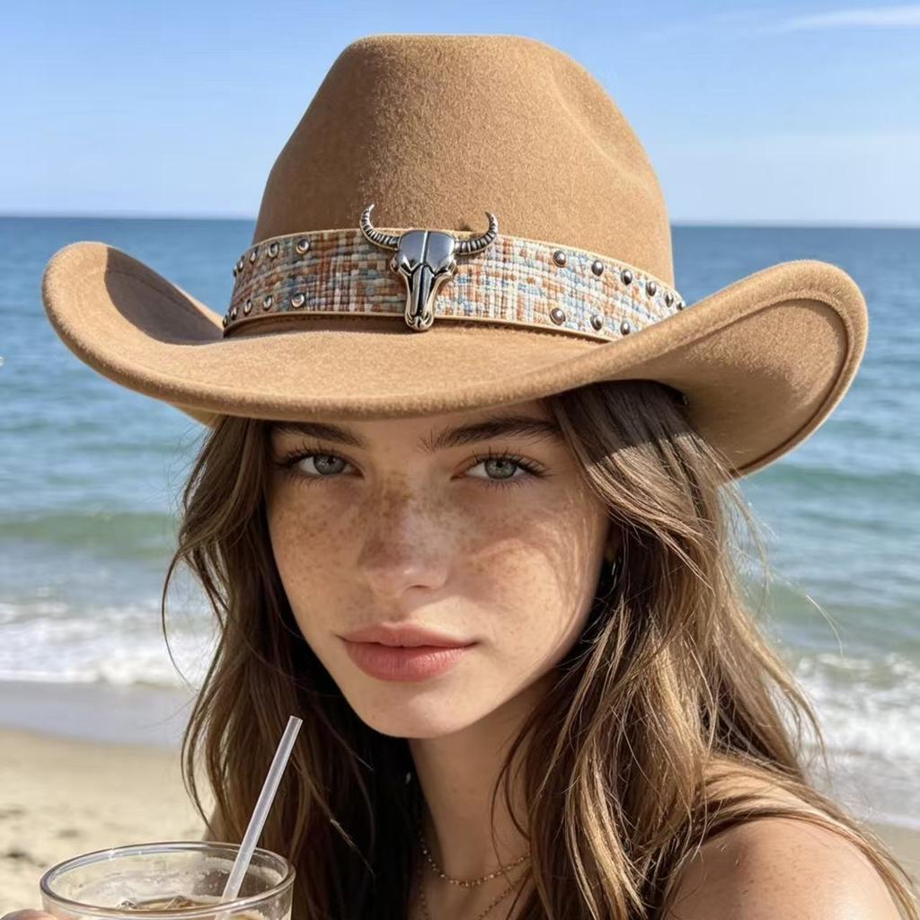 European, American Woolen Western Cowboy Hat with Rolled Brim and Warped Edge Sunscreen Top Hat Cow Head Belt Minority Tibetan Jazz Hat