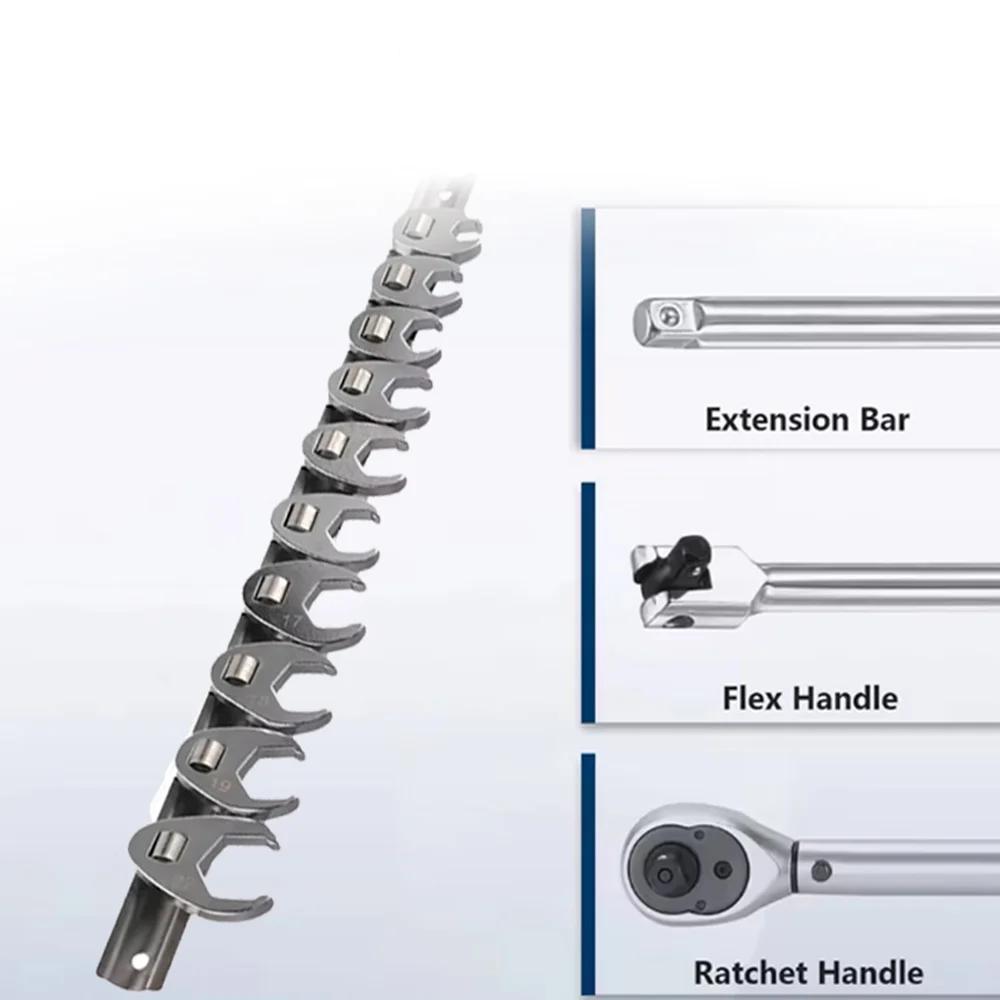 Metric 10-22mm Open End Nut Wrench Tool Kit 10-Piece 3/8in Drive Crowfoot Wrench Set