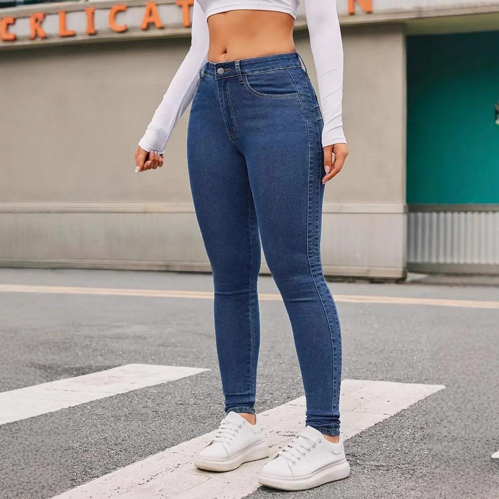 Jeans da donna in denim elasticizzato a vita alta, pantaloni skinny a matita sollevaglutei, da donna, lunghezza intera, slim, tinta unita
