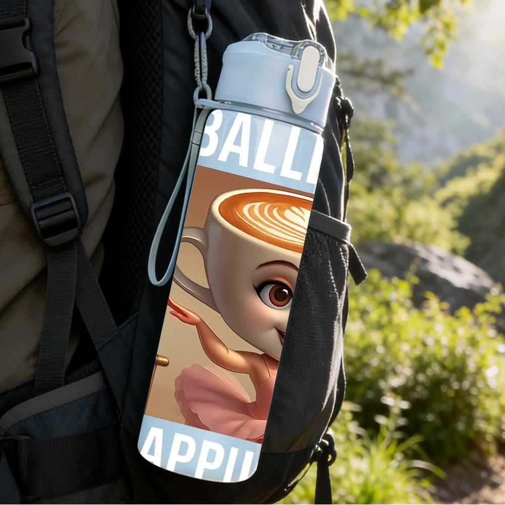 1PC Girl Holding Coffee Mug Portrait Print 750ml Color Plastic Sports Water Bottle Leakproof Flip Straw Lid Suitable for Sports Office Home Use