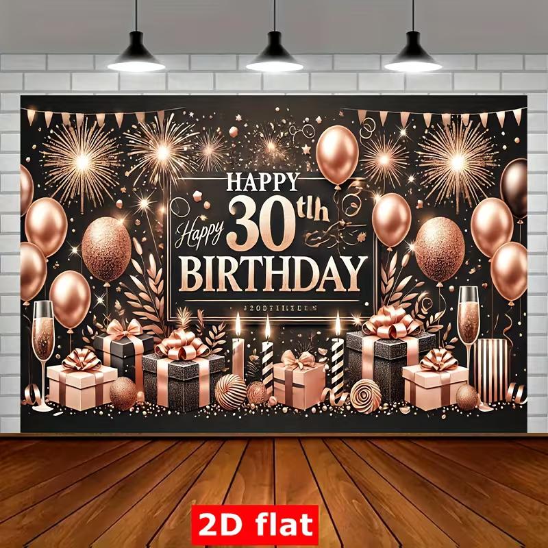 2D Luxury 30th Birthday Backdrop, Rose Gold Balloons & Champagne Decor Banner
