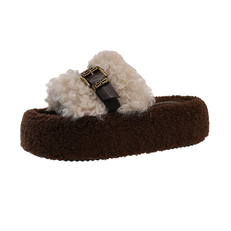 Internet Celebrity High-end Fluffy Slippers Women's Outer Wear 2025 New Popular Autumn and Winter Thick Bottom Heightening Lamb Plush Cotton Mop
