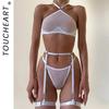 Toucheart  Erotica Underwear Kit Ultra-Thin See-Through Mesh Steel Ring Gathered Sexy Hanging Neck Lingerie Four-Piece Set