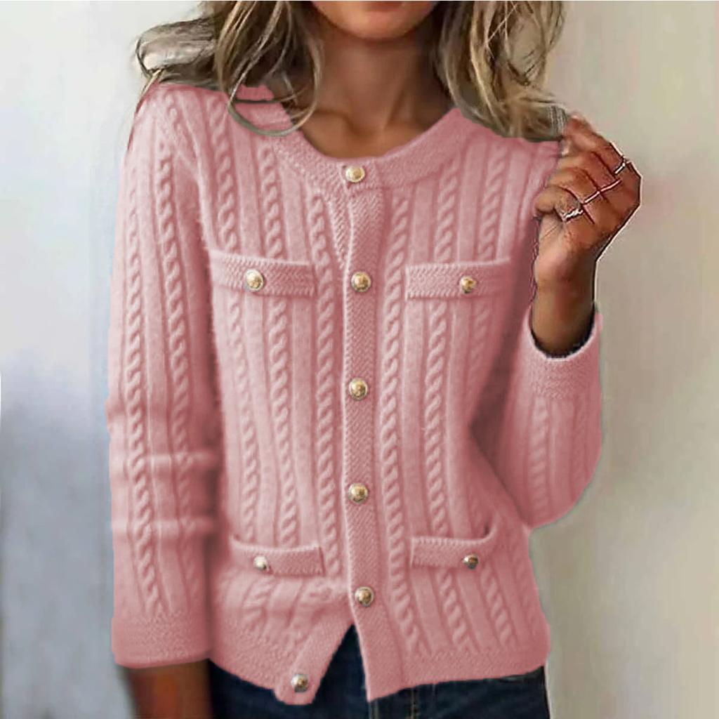 Women's Fashion Casual Single-Breasted Multi-Button Thickened Flower Loose Cardigan Round Neck Long Sleeve Knitted Cardigan Sweater Jacket