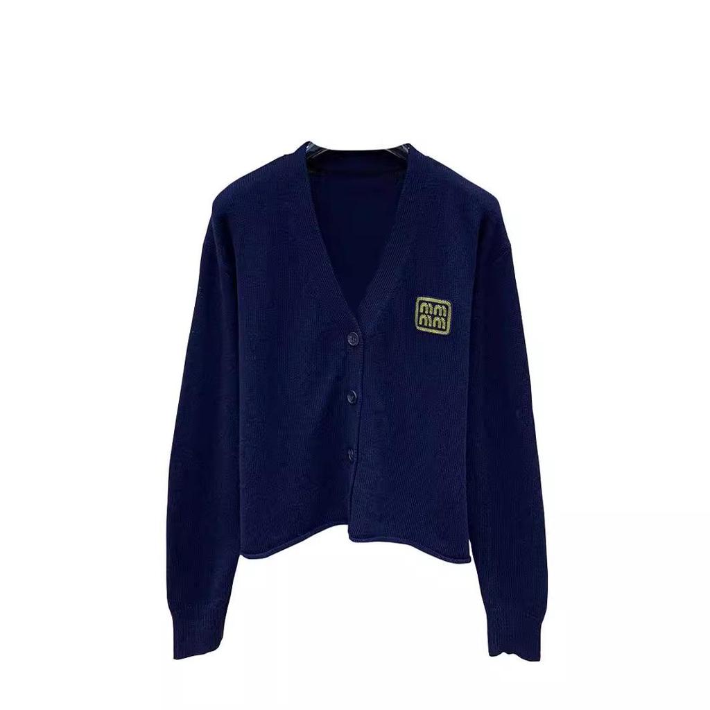 Nanyou Dark Blue Wool Coat - Miu Series: Embroidered Cardigan V-Neck Knitted Top for Women, Spring Collection