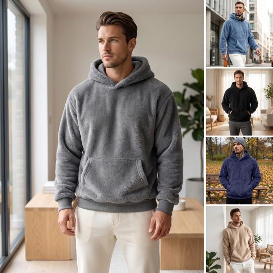Codzienna Casualowa Streetwear Męska Pluszowa Bluza z Kapturem, Polarowy Pulower Teddy z Kieszenią Kangurką, Luźny Top z Kieszenią, Miękki Ciepły Zimowy Sweter