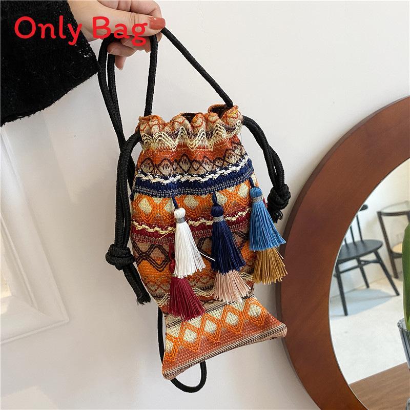 Ethnic Art Fashion Canvas Fishshaped Shoulder Bag With Tassels For Summer Outings Yellow