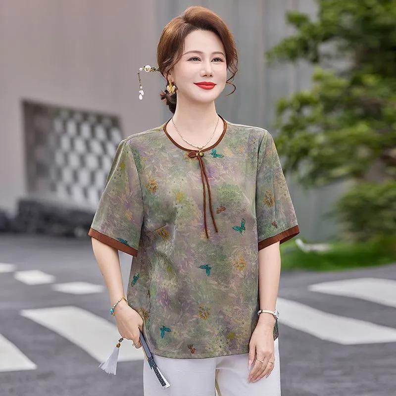 Womens Chinese Style Floral Print Short Sleeve Casual Blouse
