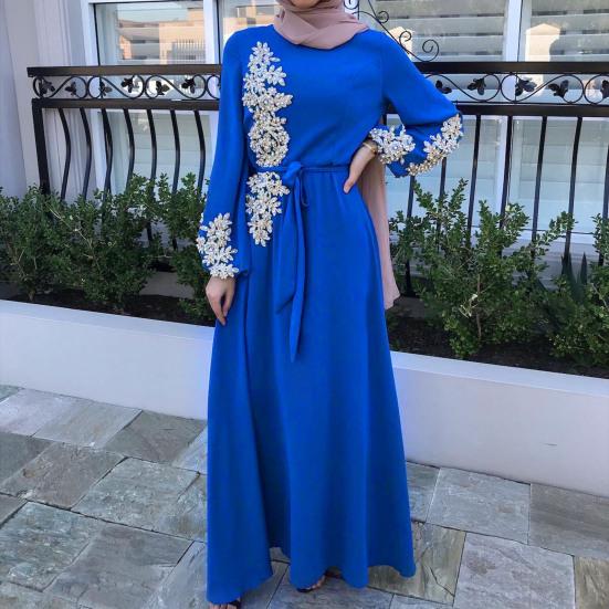 

Женское платье макси с длинным рукавом, цветочным узором и бусинами, с широким подолом и поясом, свободное платье