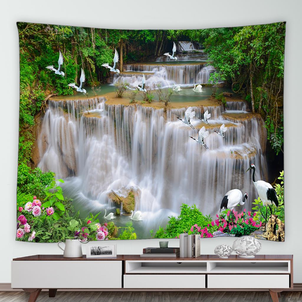 Waterfall Flowers Trees Vintage Brick Rattan Plant Park Nature Scenery Home Decor Wall Hanging Tropical Garden Landscape Tapestry